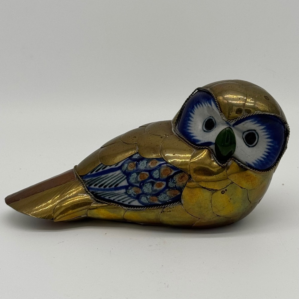 Vtg Tonala Mexico Brass Armored Owl Figurine Sergio Bustamante Style Folk Art